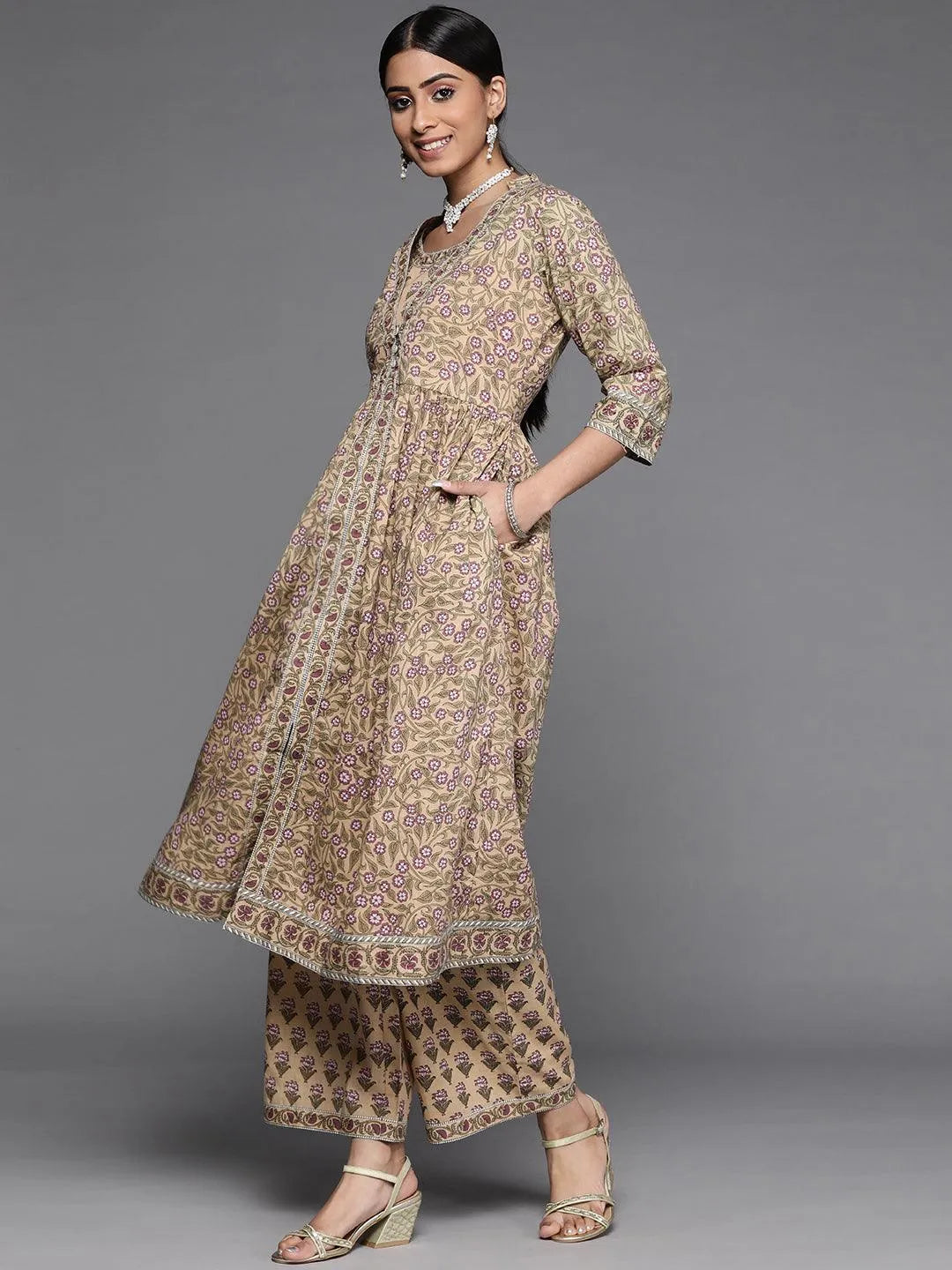 Beige Printed Cotton Kurta Set - Libas 