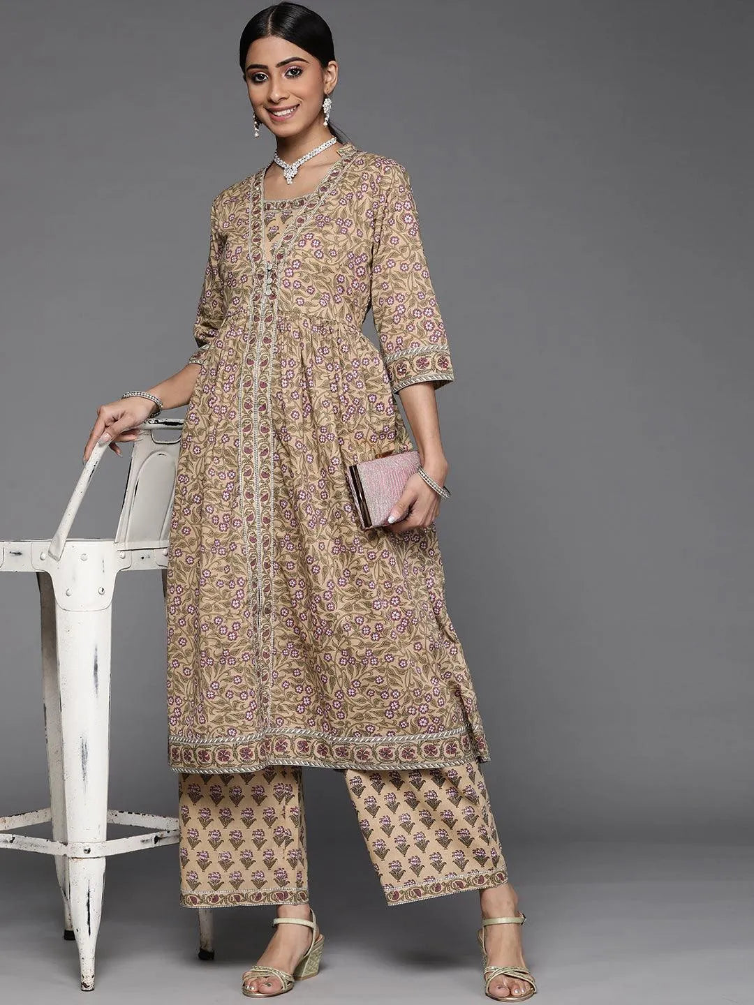 Beige Printed Cotton Kurta Set - Libas 