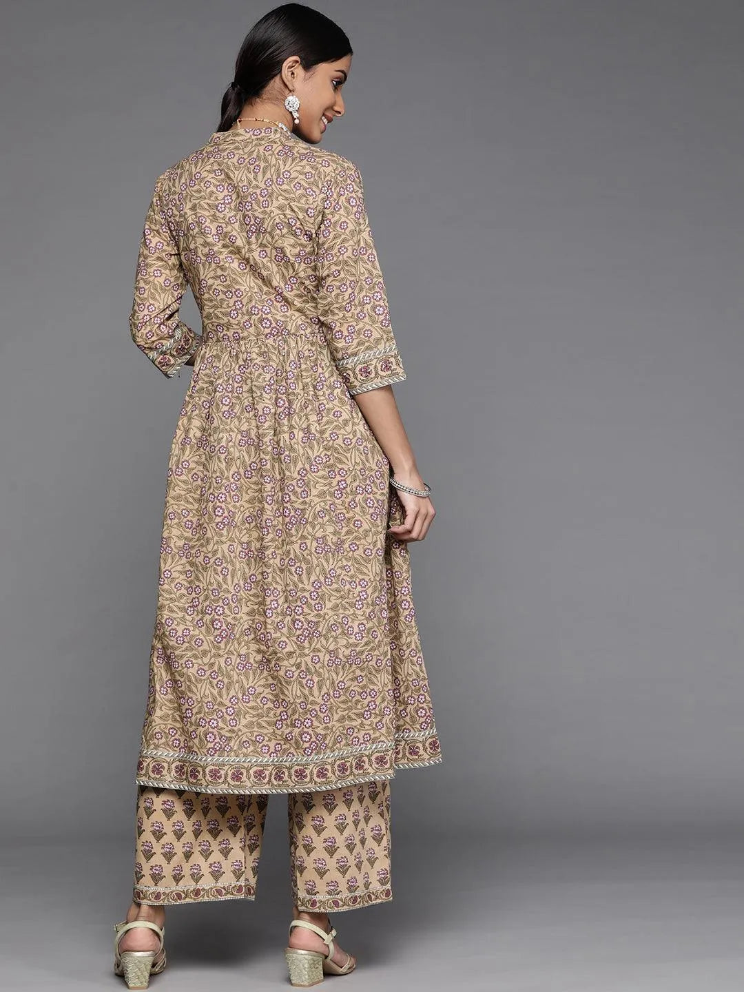 Beige Printed Cotton Kurta Set - Libas 