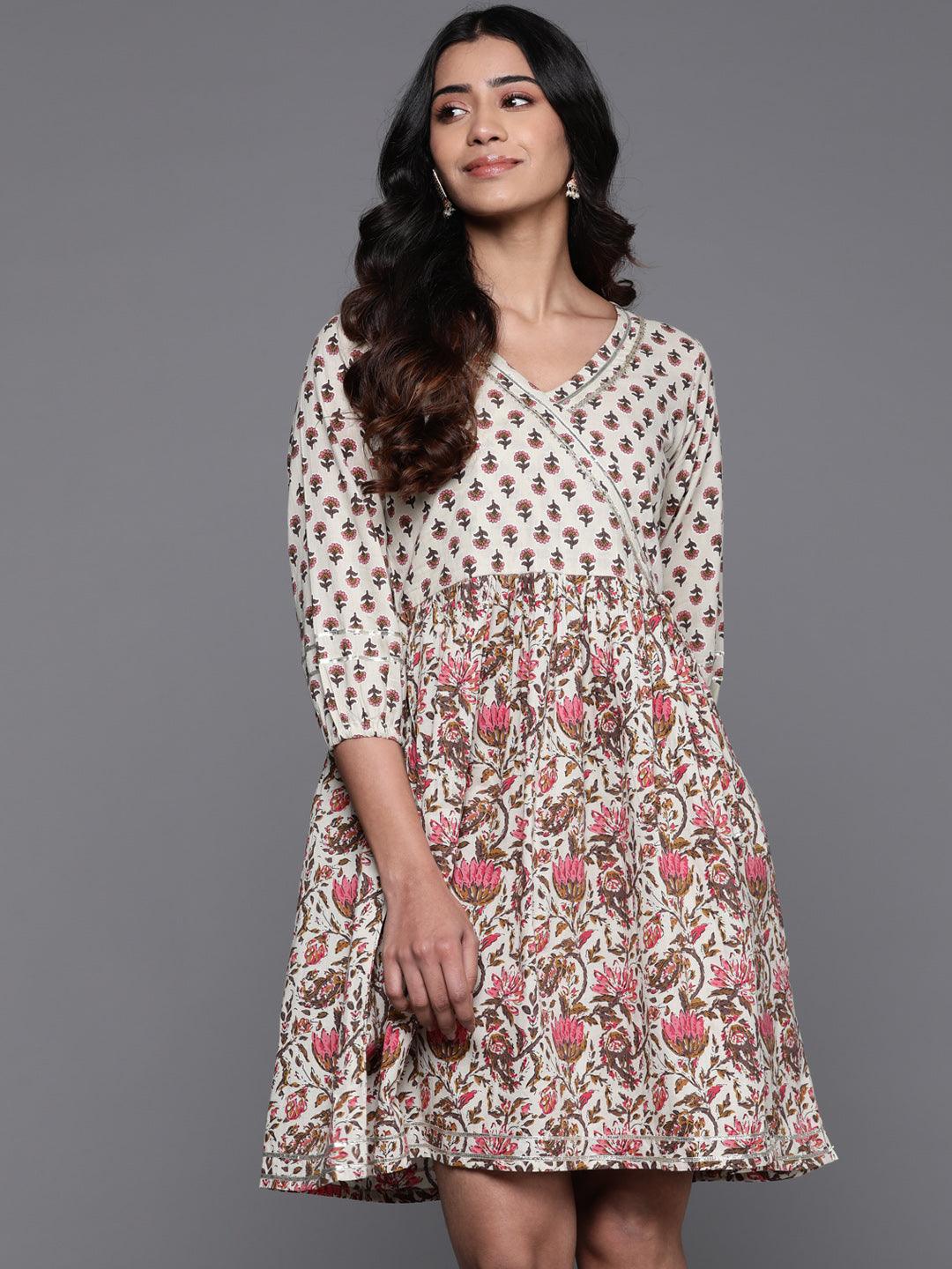 Beige Printed Cotton Fit and Flare Dress - Libas