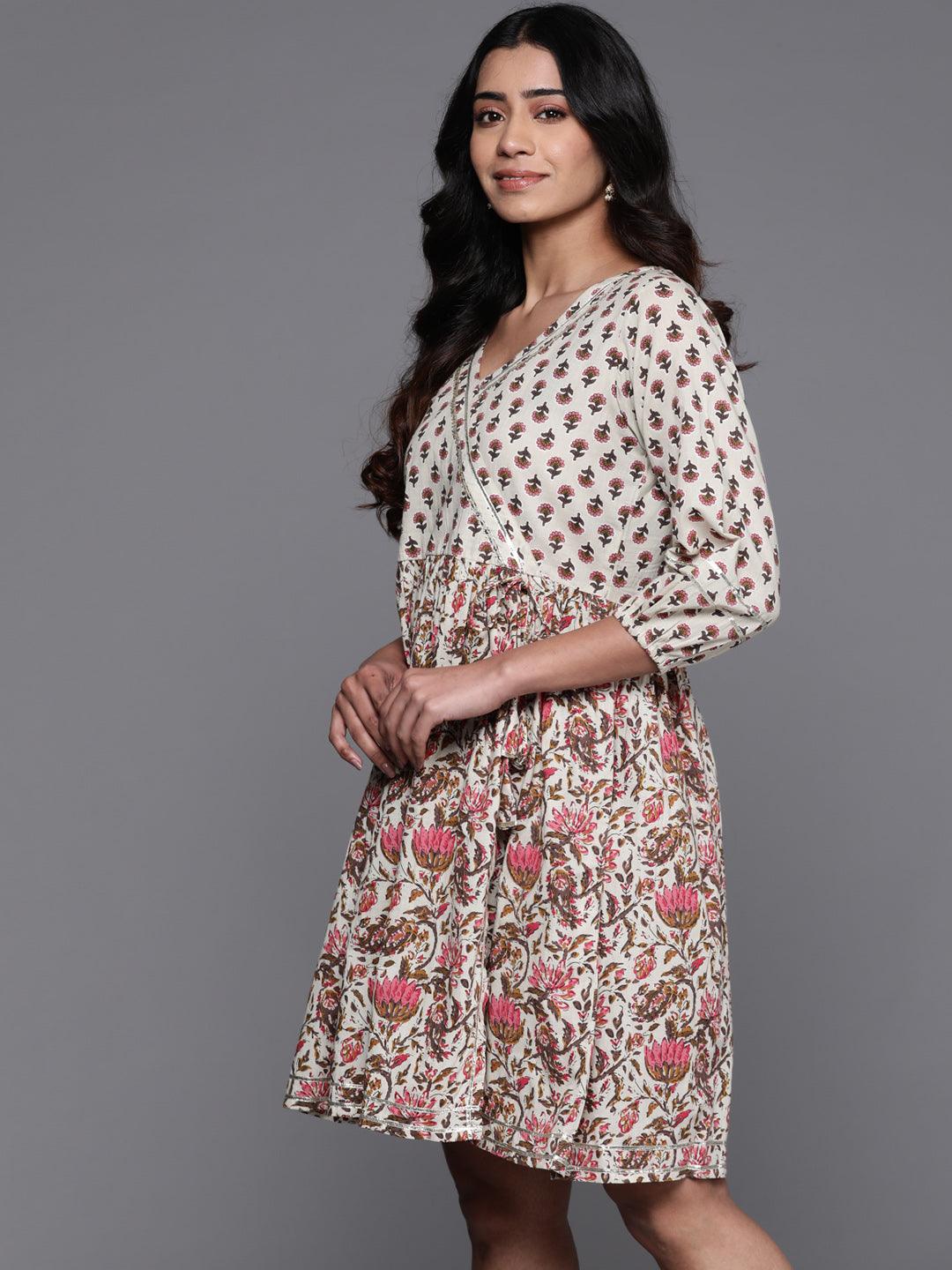 Beige Printed Cotton Fit and Flare Dress - Libas 