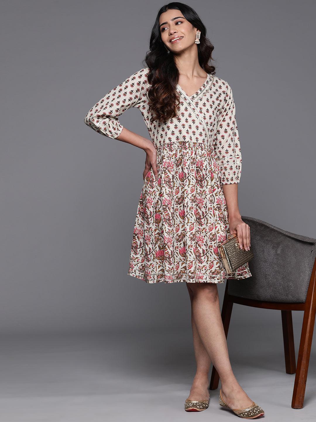 Beige Printed Cotton Fit and Flare Dress - Libas 