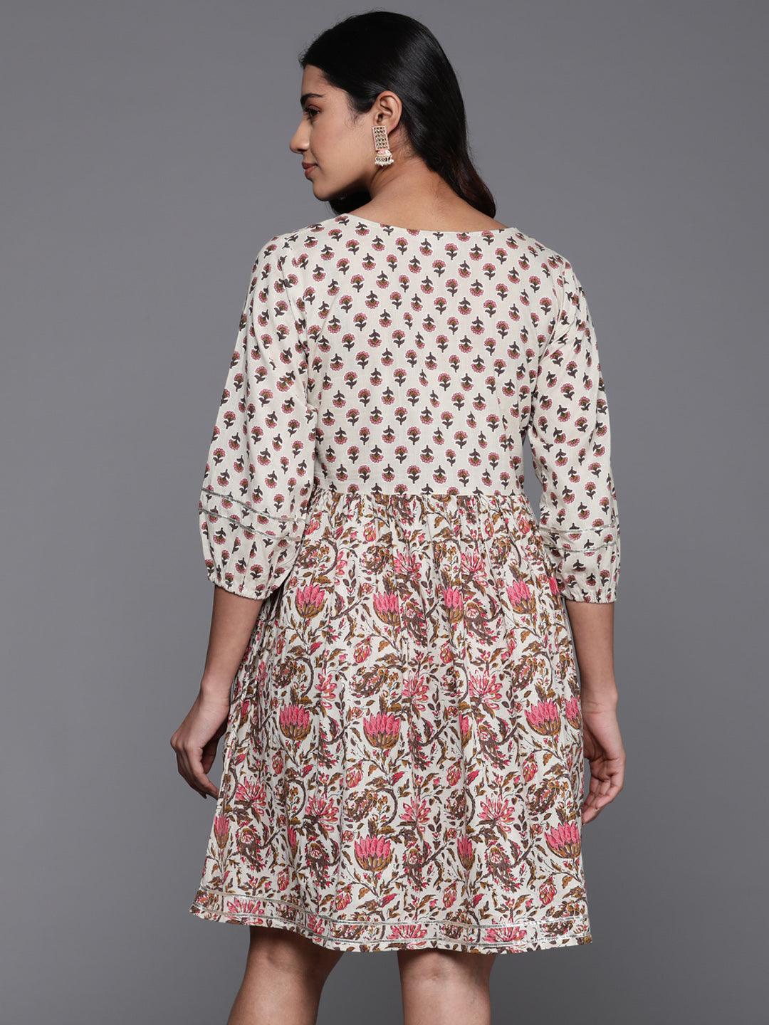 Beige Printed Cotton Fit and Flare Dress - Libas