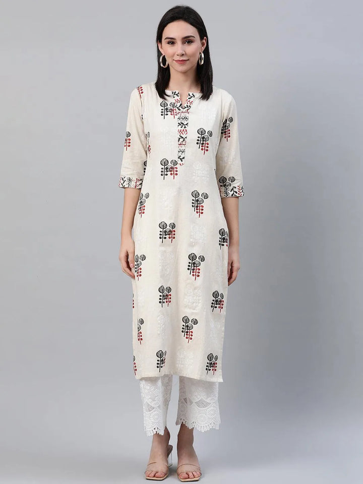 Beige Printed Cotton Kurta - Libas