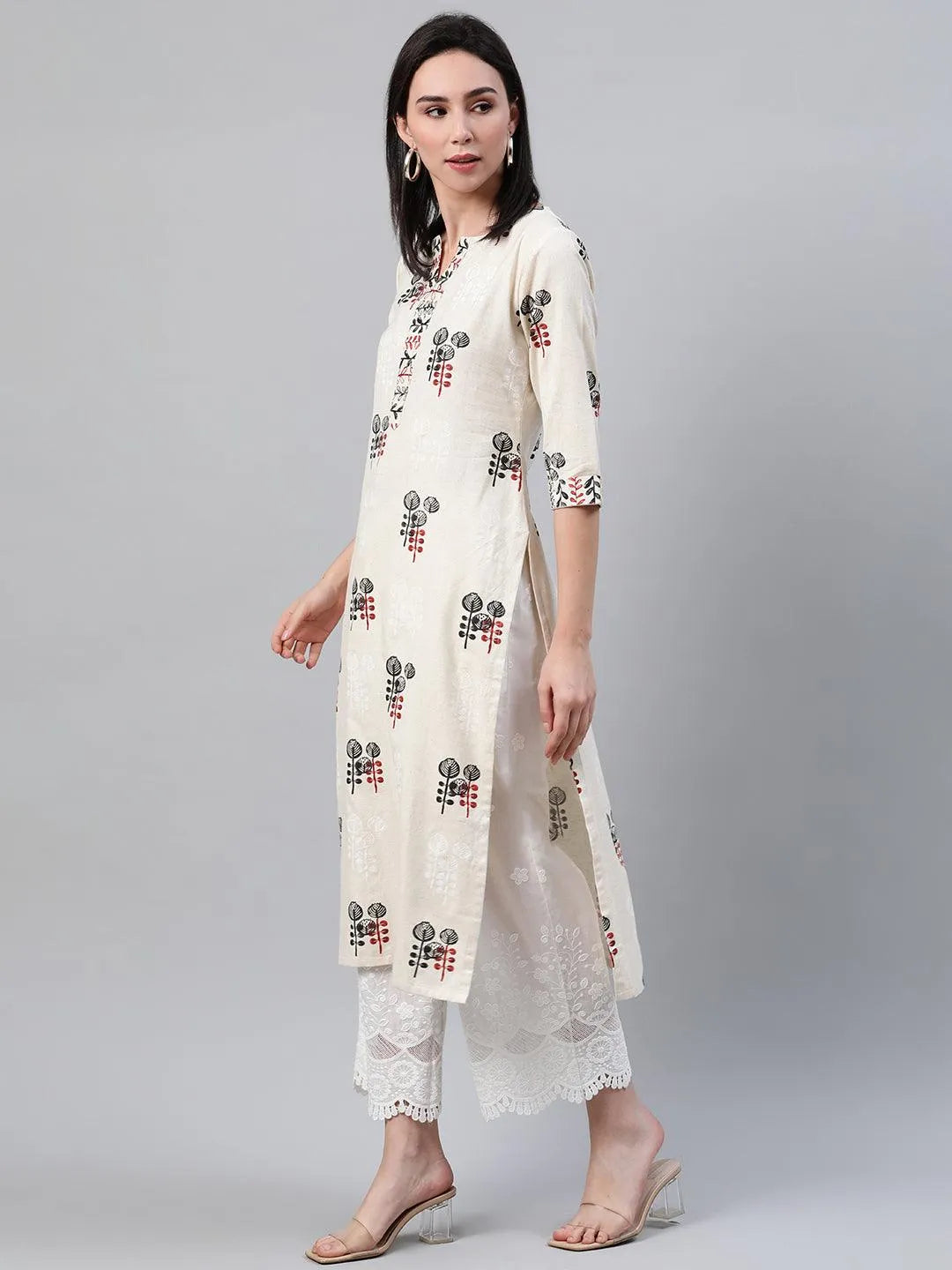 Beige Printed Cotton Kurta - Libas