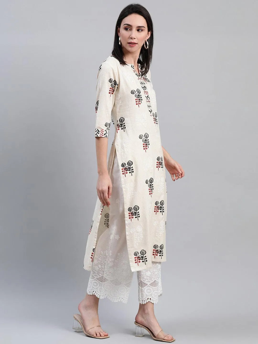 Beige Printed Cotton Kurta - Libas