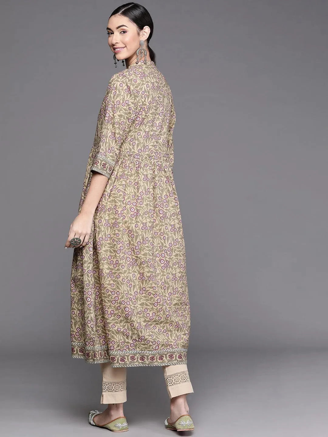 Beige Printed Cotton Kurta - Libas