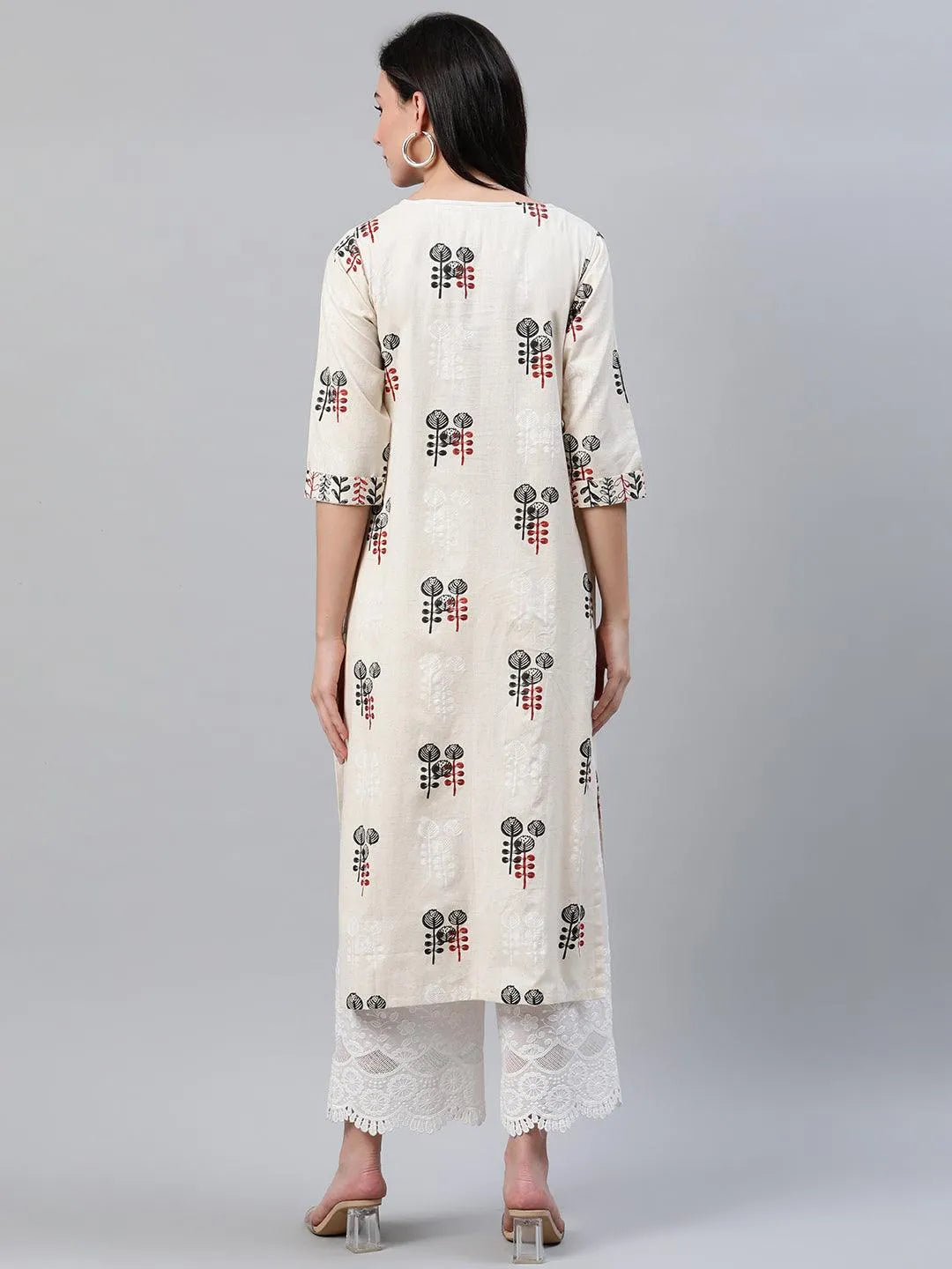 Beige Printed Cotton Kurta - Libas