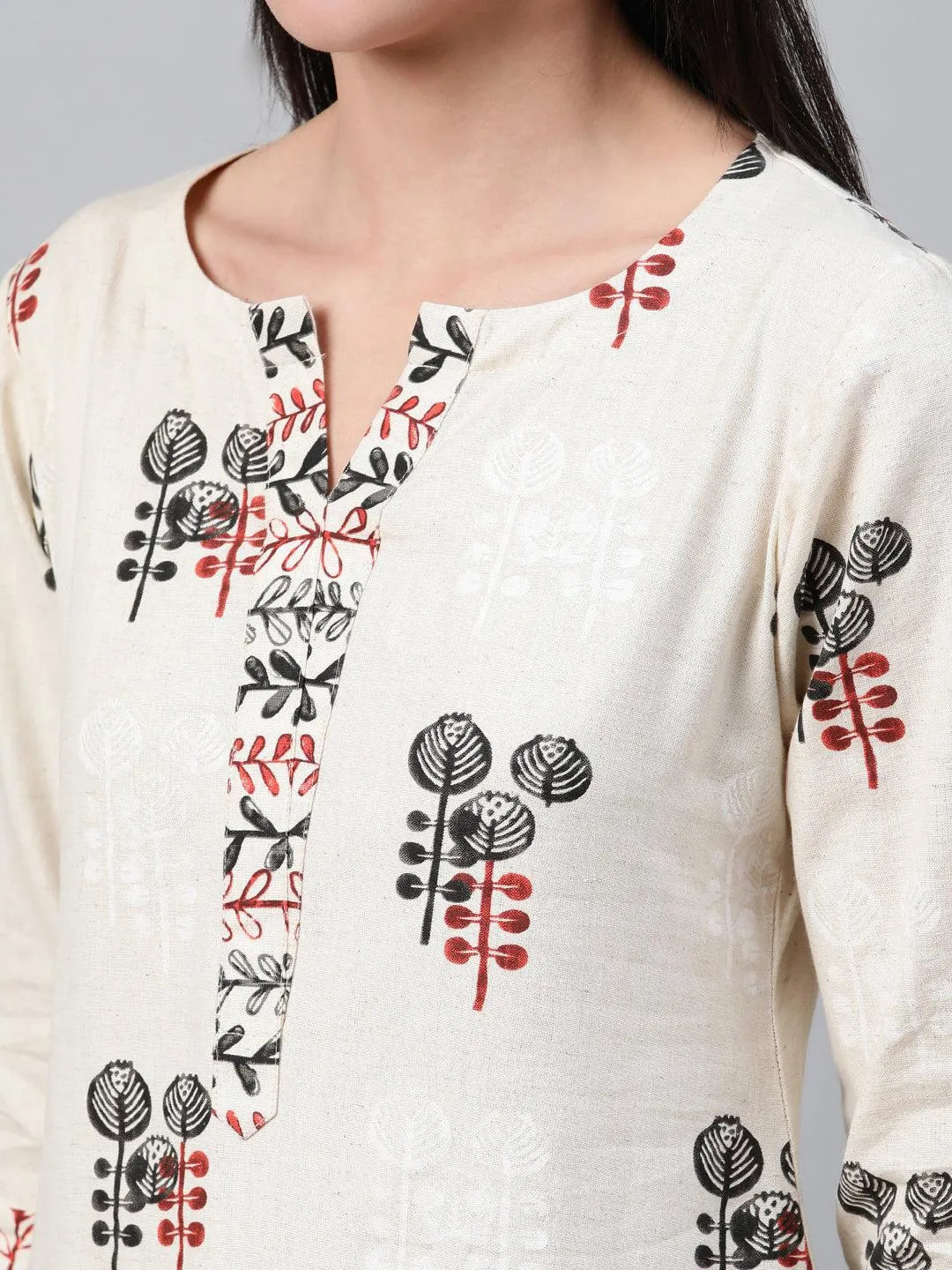 Beige Printed Cotton Kurta - Libas