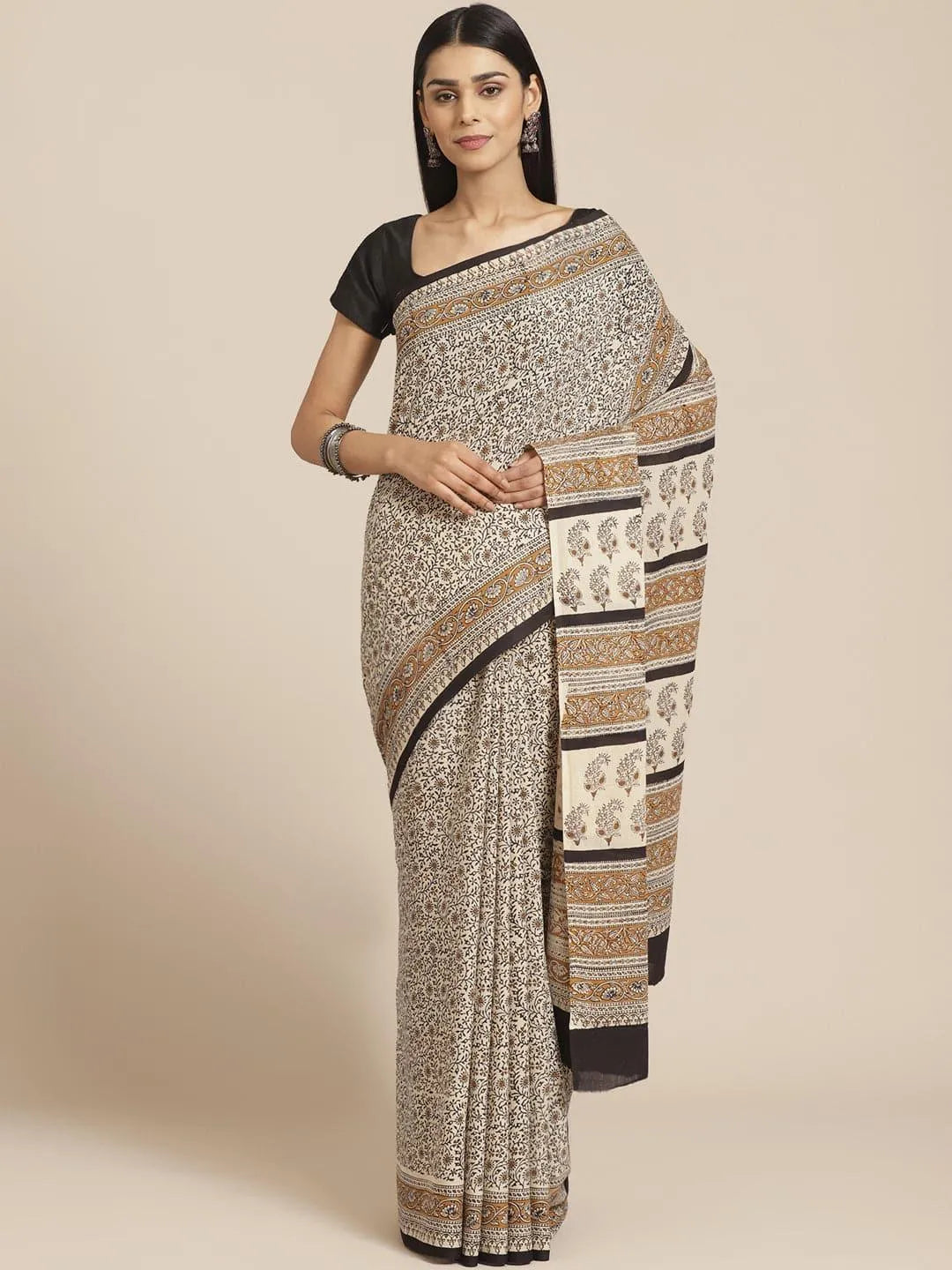 Beige Printed Cotton Saree - Libas