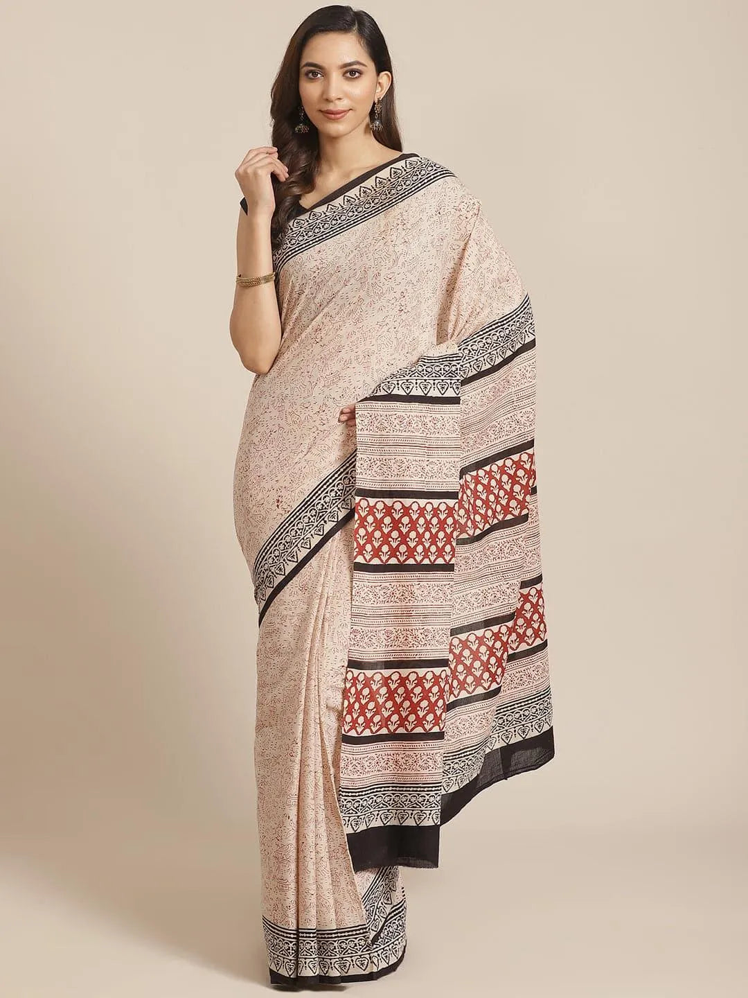 Beige Printed Cotton Saree - Libas