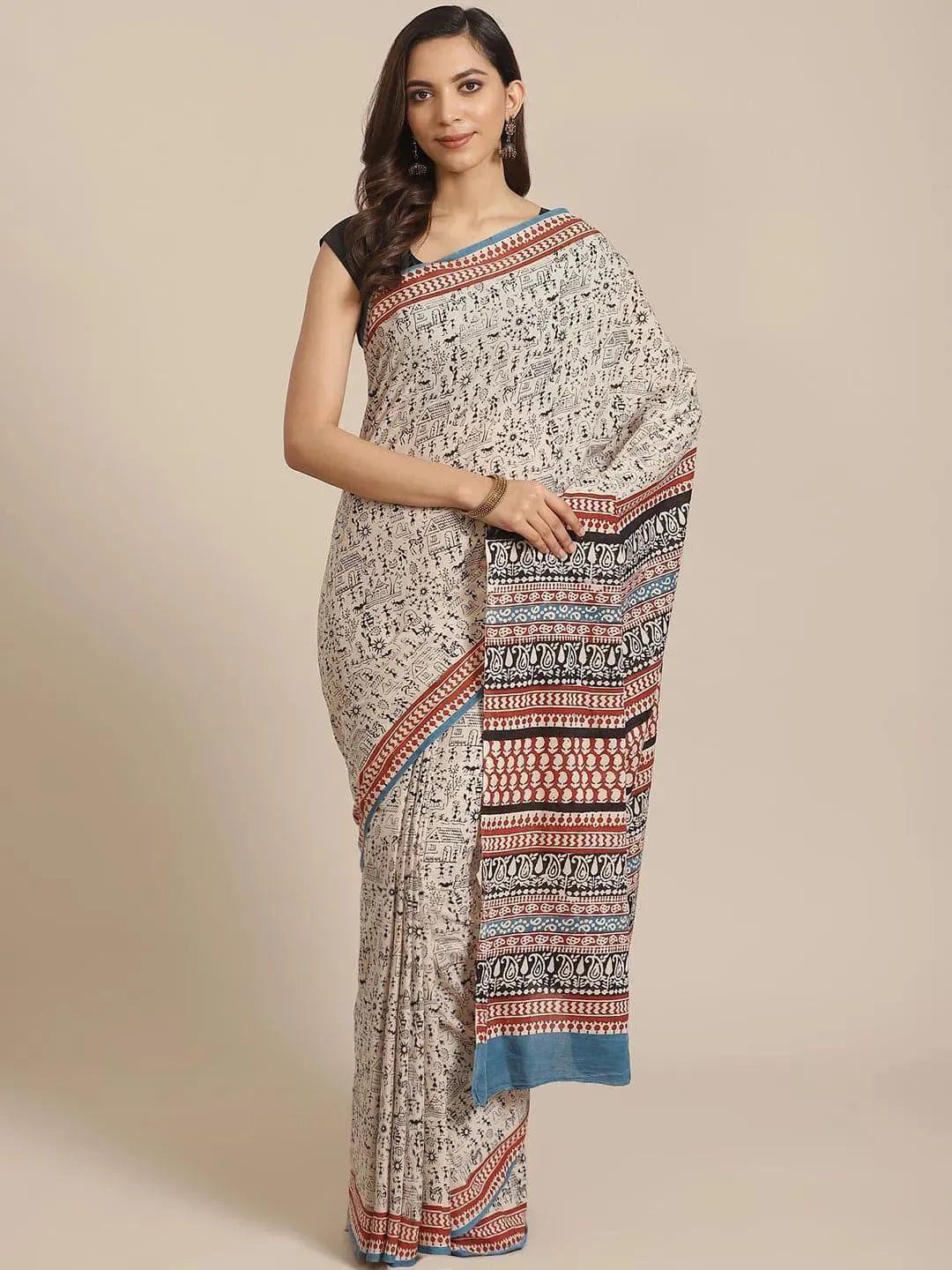 Beige Printed Cotton Saree - Libas 