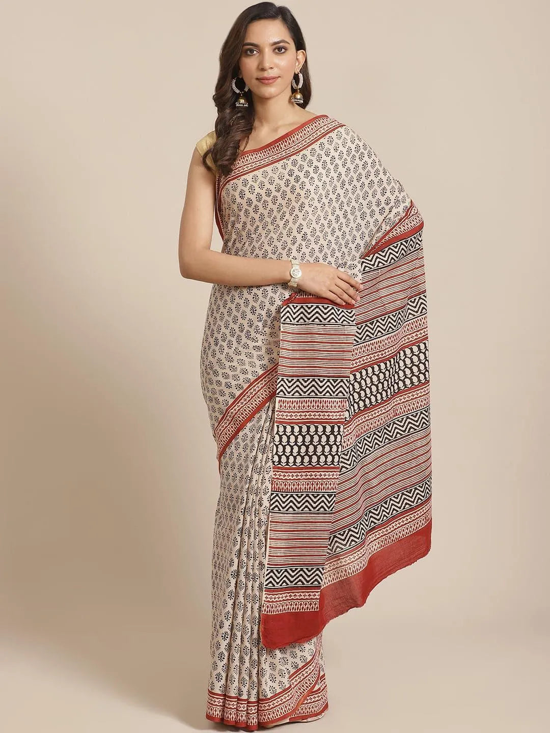 Beige Printed Cotton Saree - Libas 