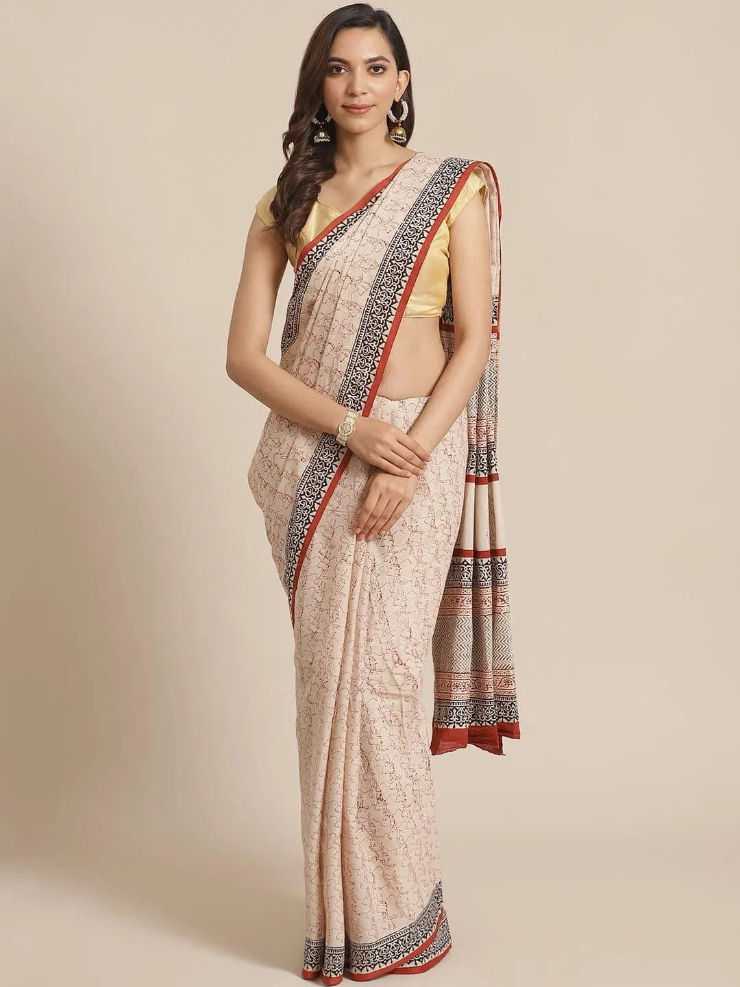 Beige Printed Cotton Saree - Libas