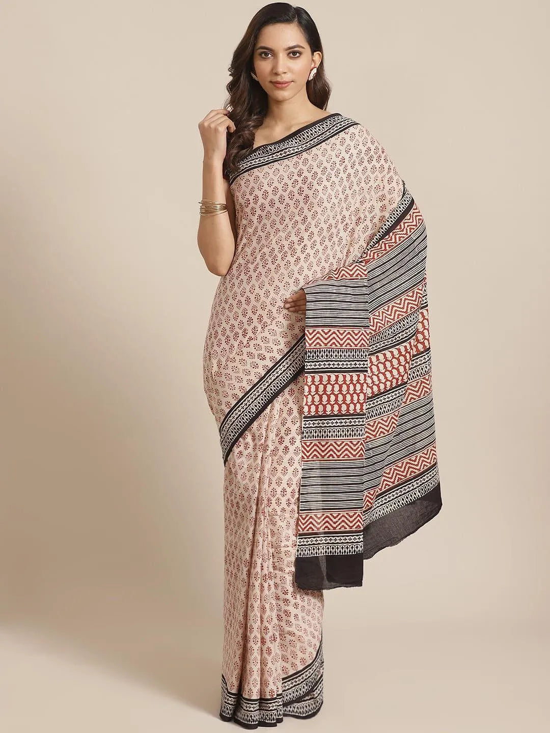 Beige Printed Cotton Saree - Libas 