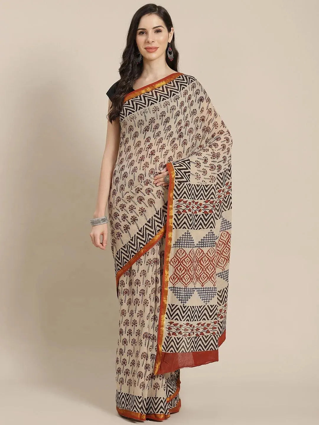 Beige Printed Cotton Saree - Libas