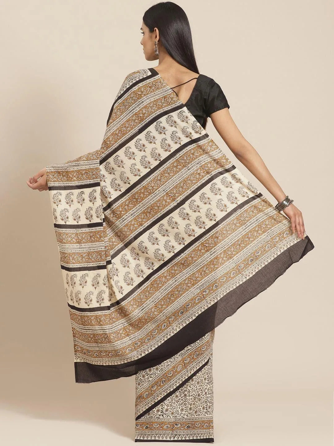 Beige Printed Cotton Saree - Libas 