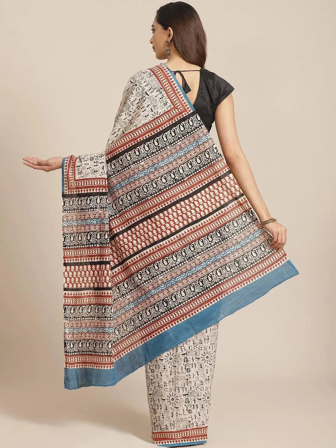 Beige Printed Cotton Saree - Libas 