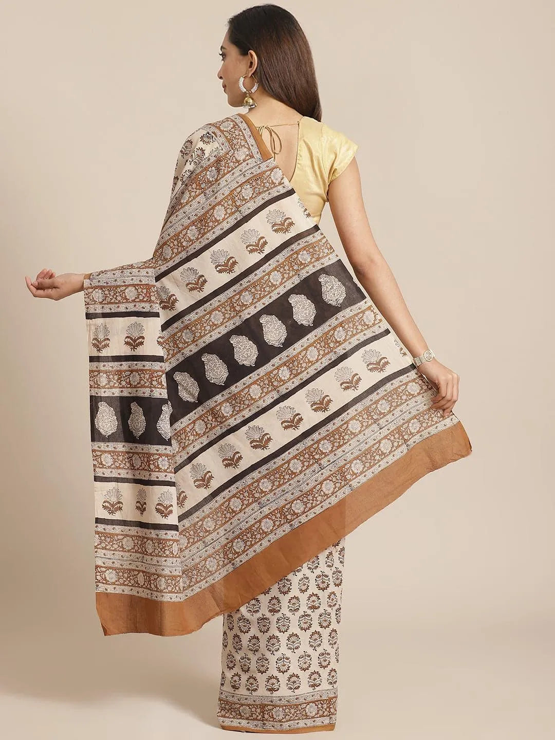 Beige Printed Cotton Saree - Libas