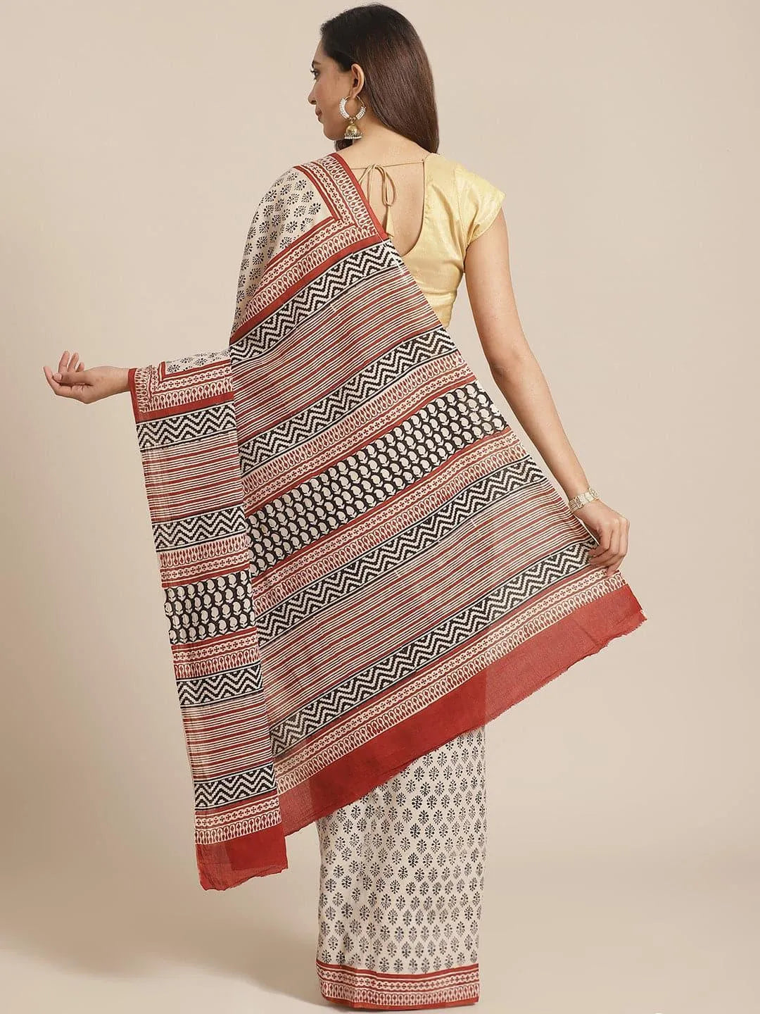 Beige Printed Cotton Saree - Libas 