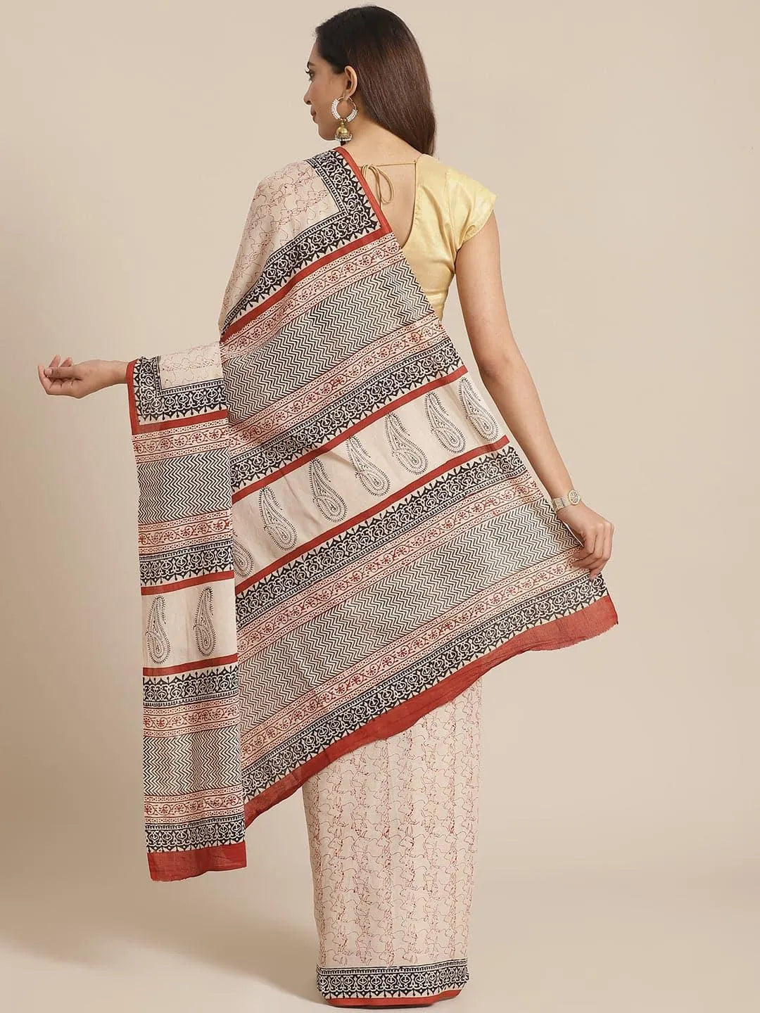 Beige Printed Cotton Saree - Libas 