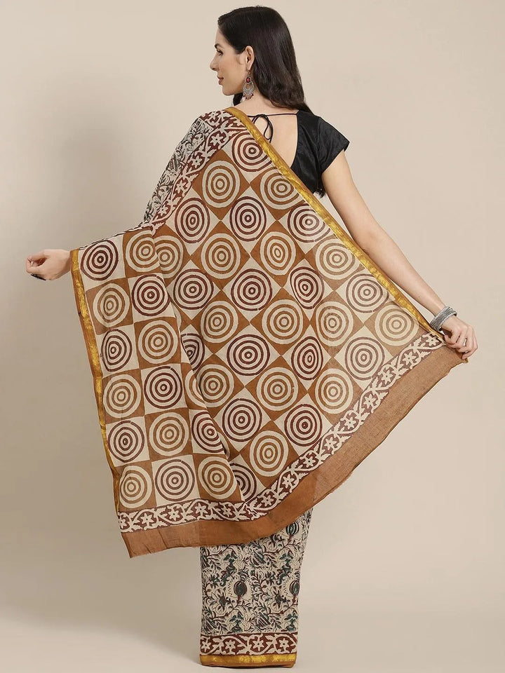 Beige Printed Cotton Saree - Libas