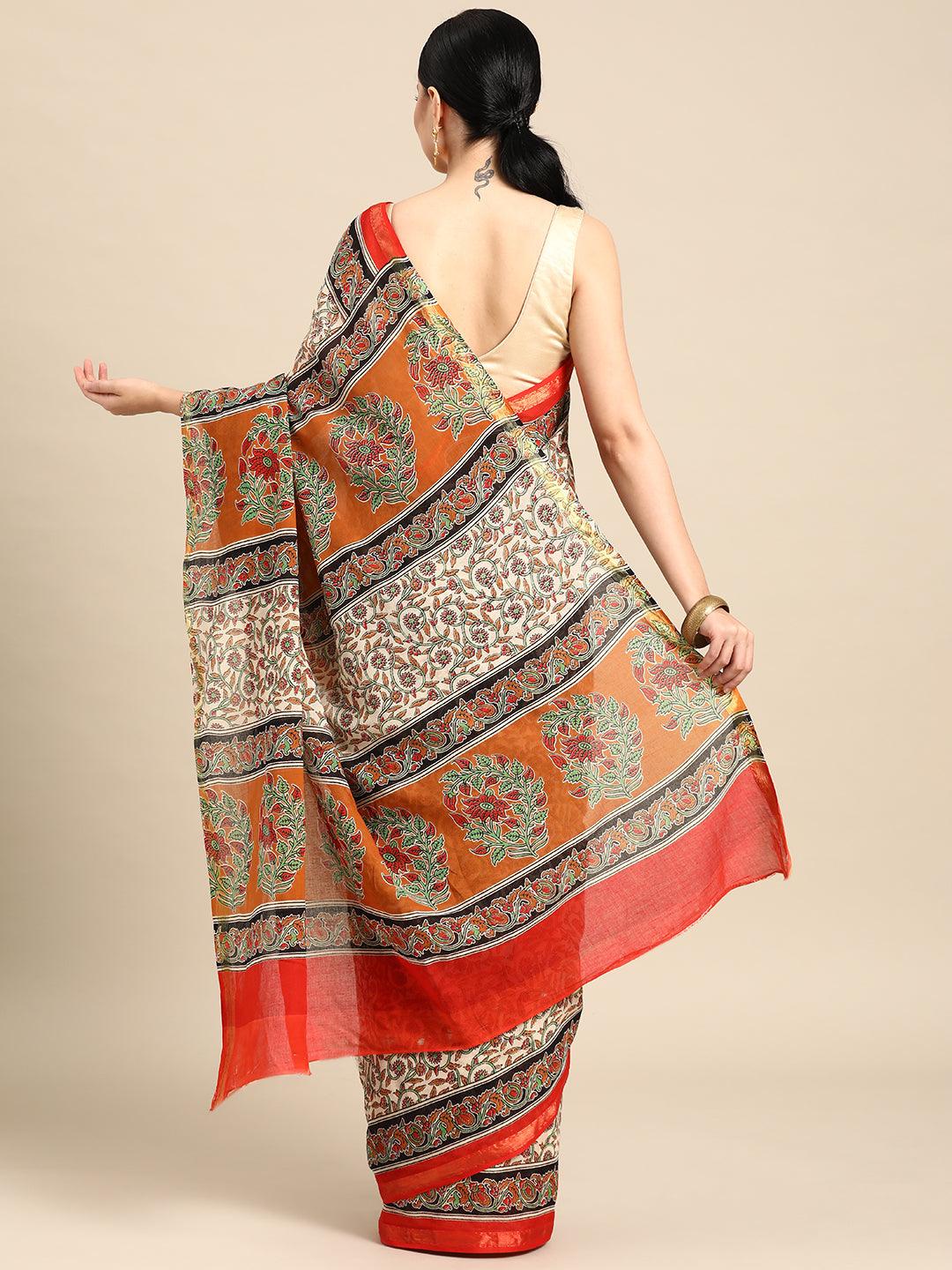 Beige Printed Cotton Saree - Libas 