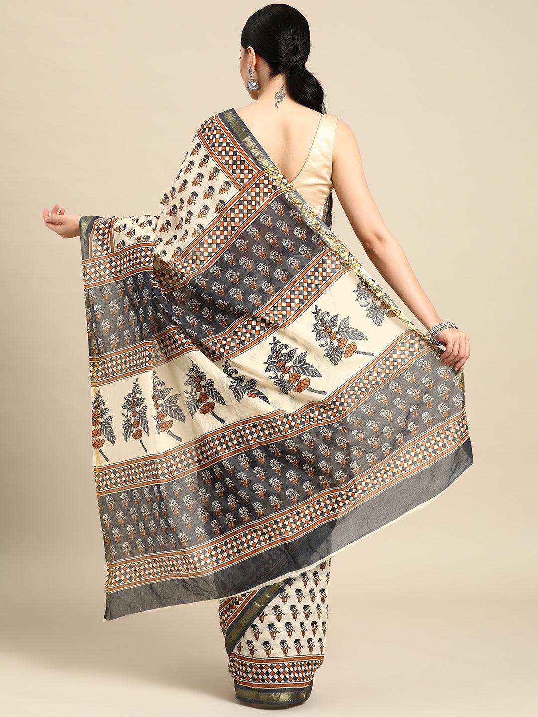 Beige Printed Cotton Saree - Libas 