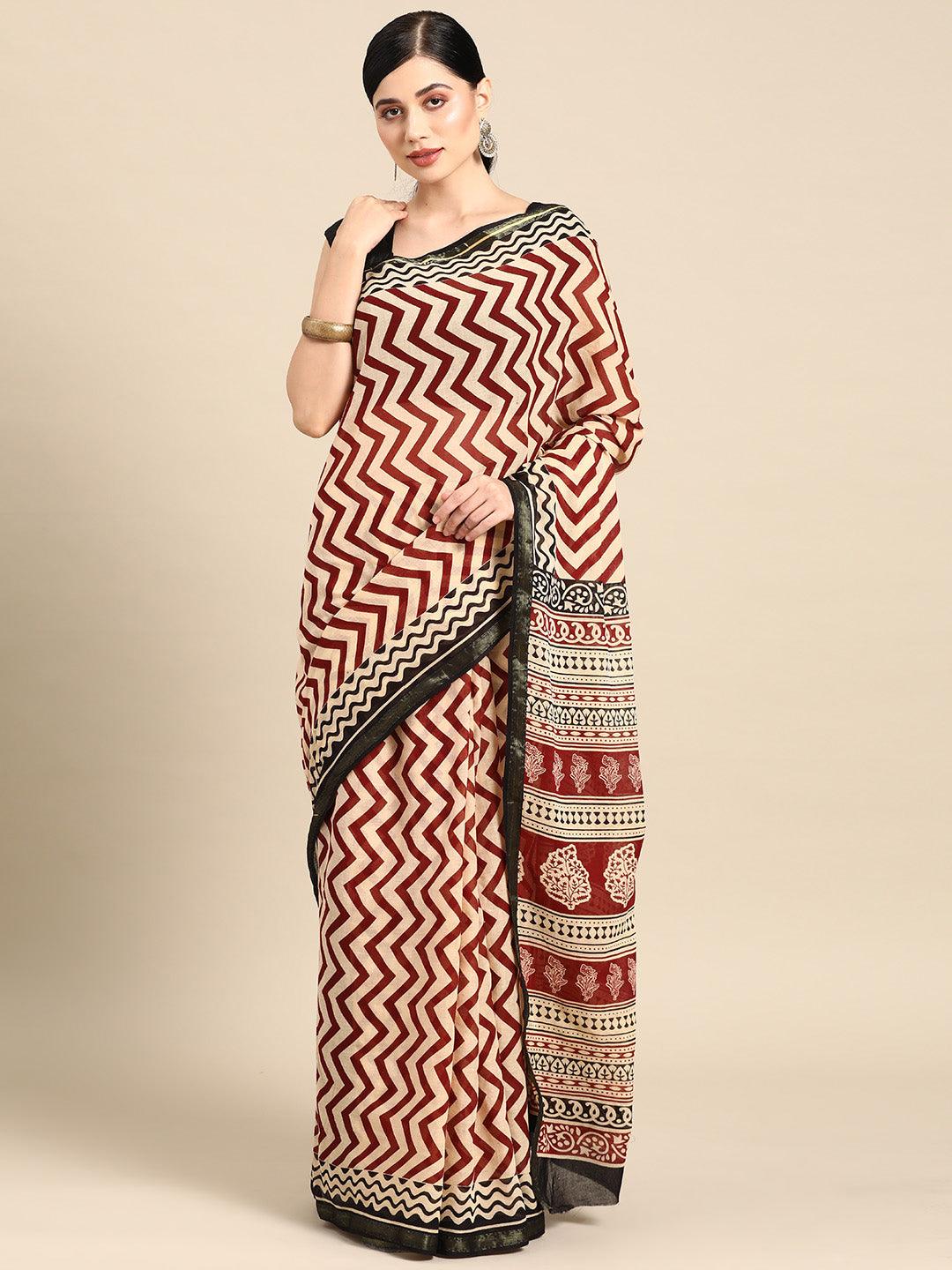 Beige Printed Cotton Saree - Libas 