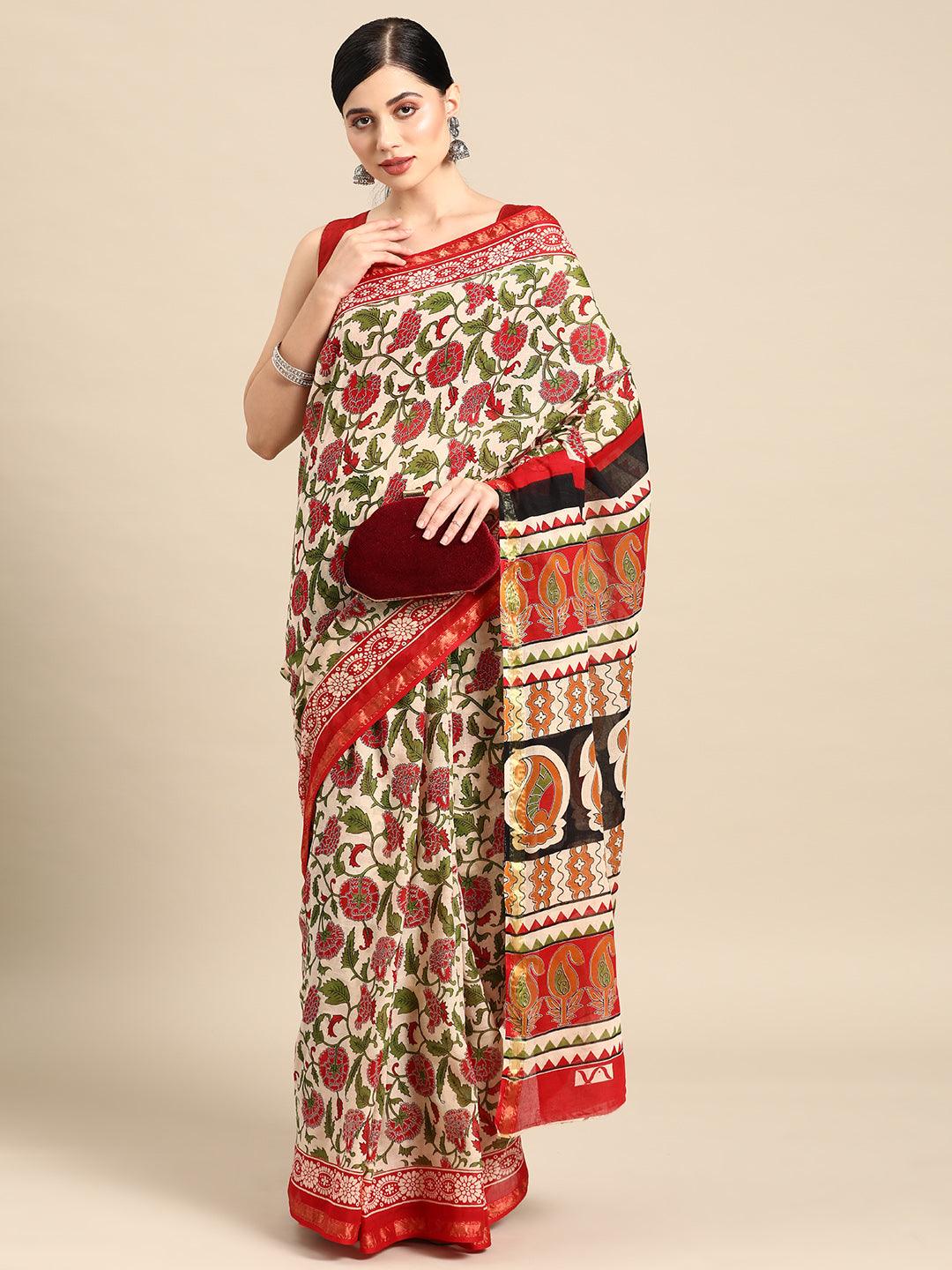 Beige Printed Cotton Saree - Libas