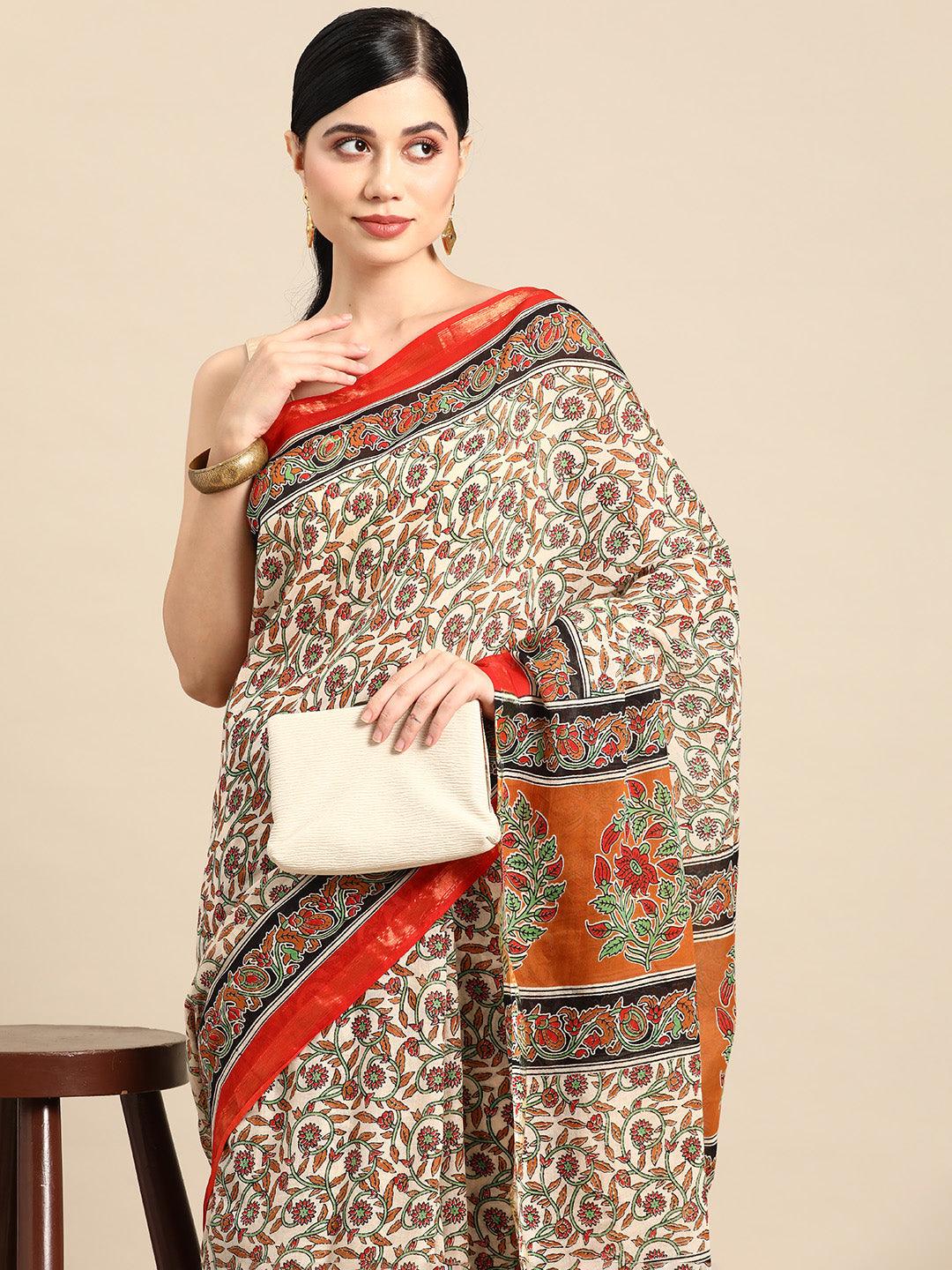 Beige Printed Cotton Saree - Libas 