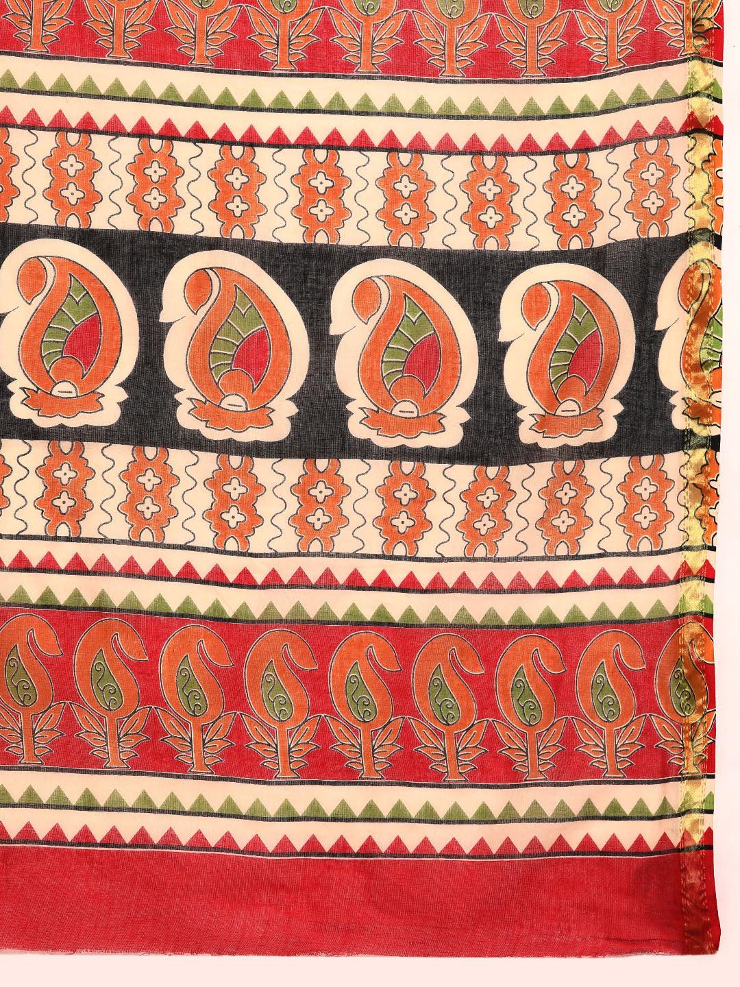 Beige Printed Cotton Saree - Libas 