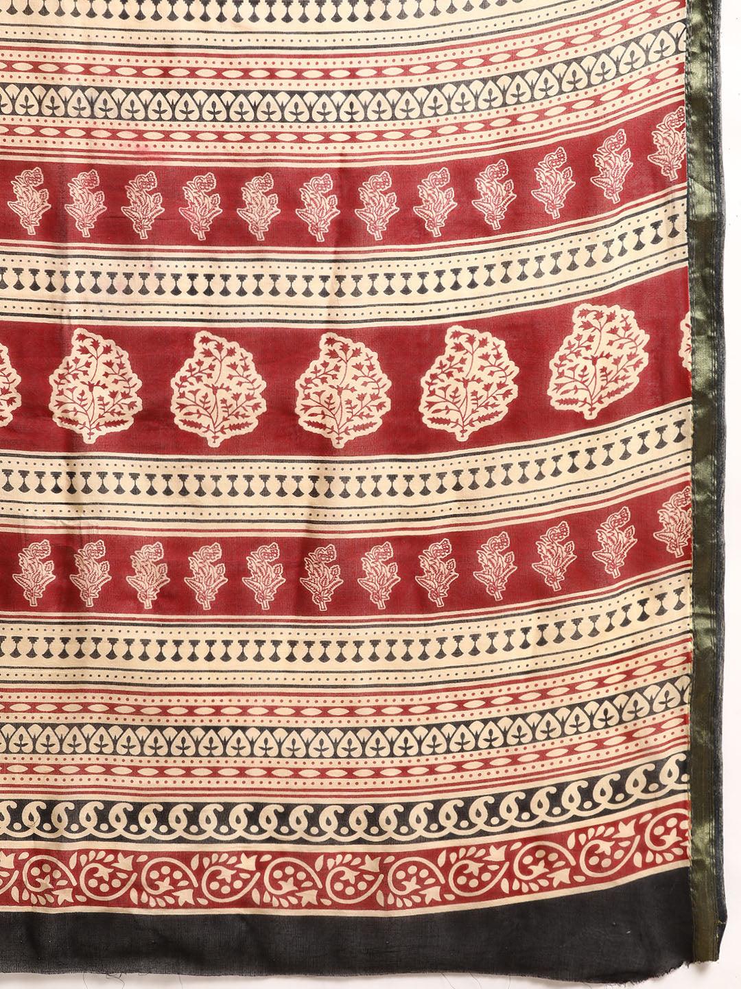 Beige Printed Cotton Saree - Libas 