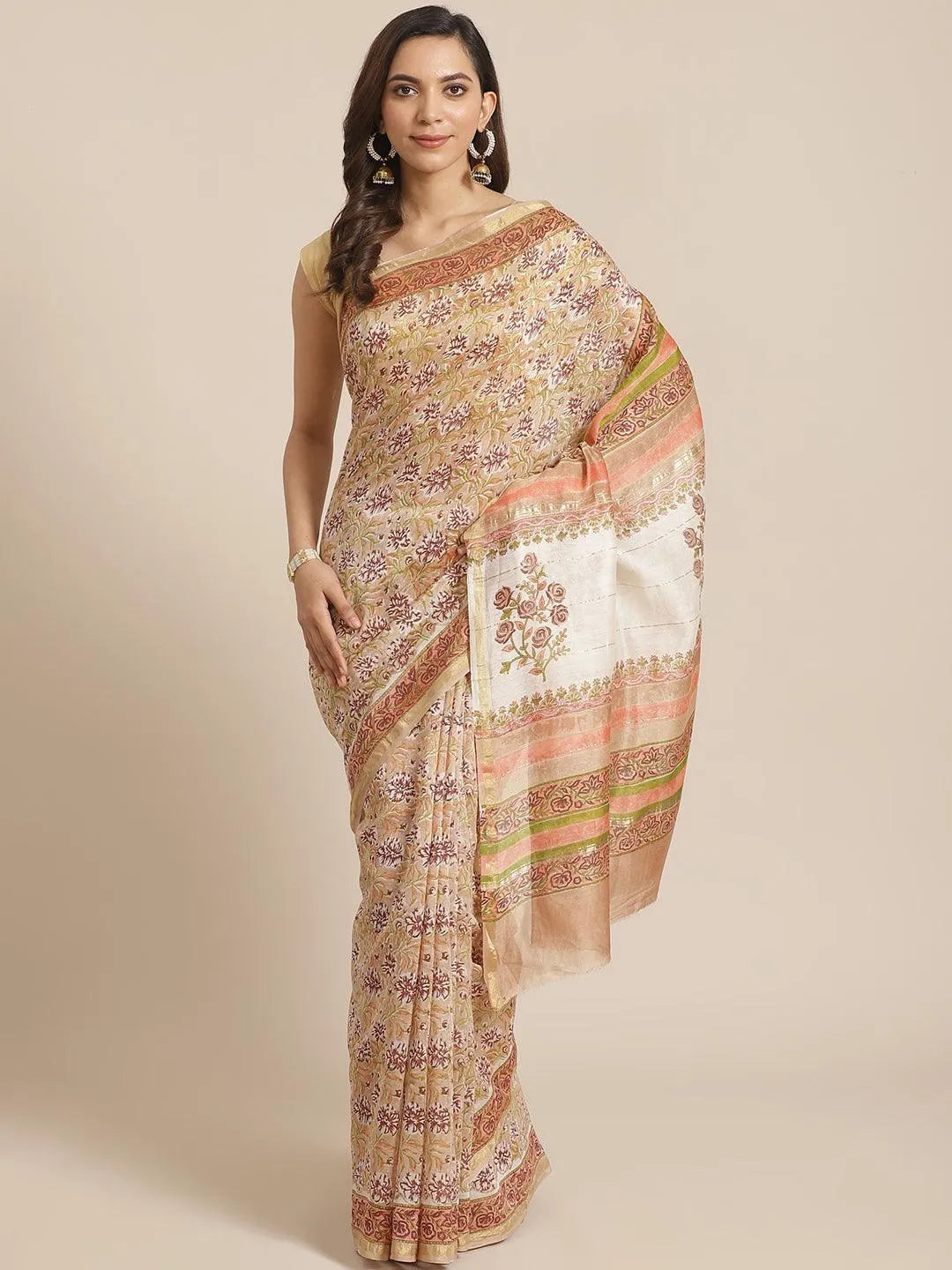 Beige Printed Cotton Silk Saree - Libas 