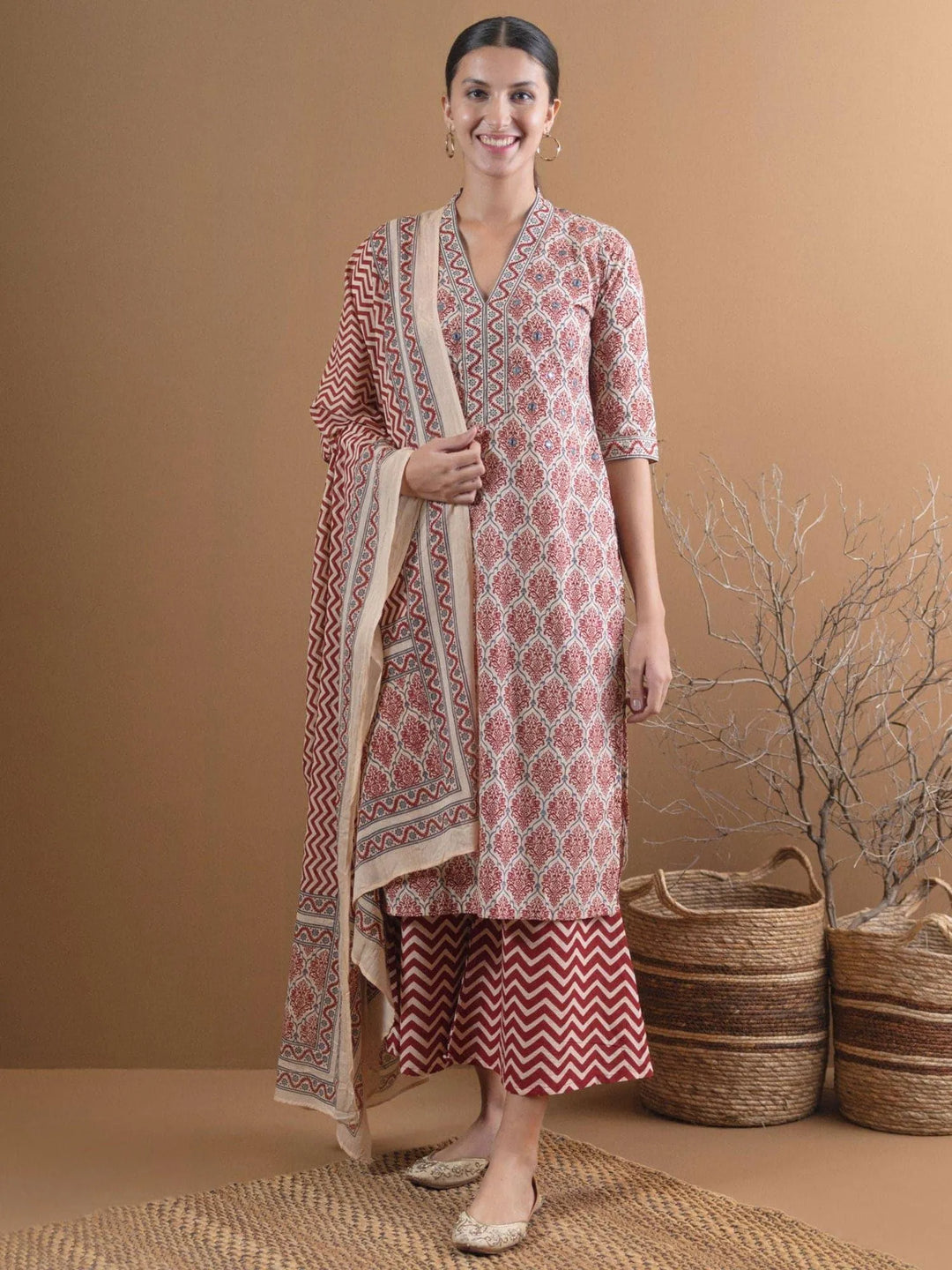 Beige Printed Cotton Straight Kurta With Palazzos & Dupatta - Libas 