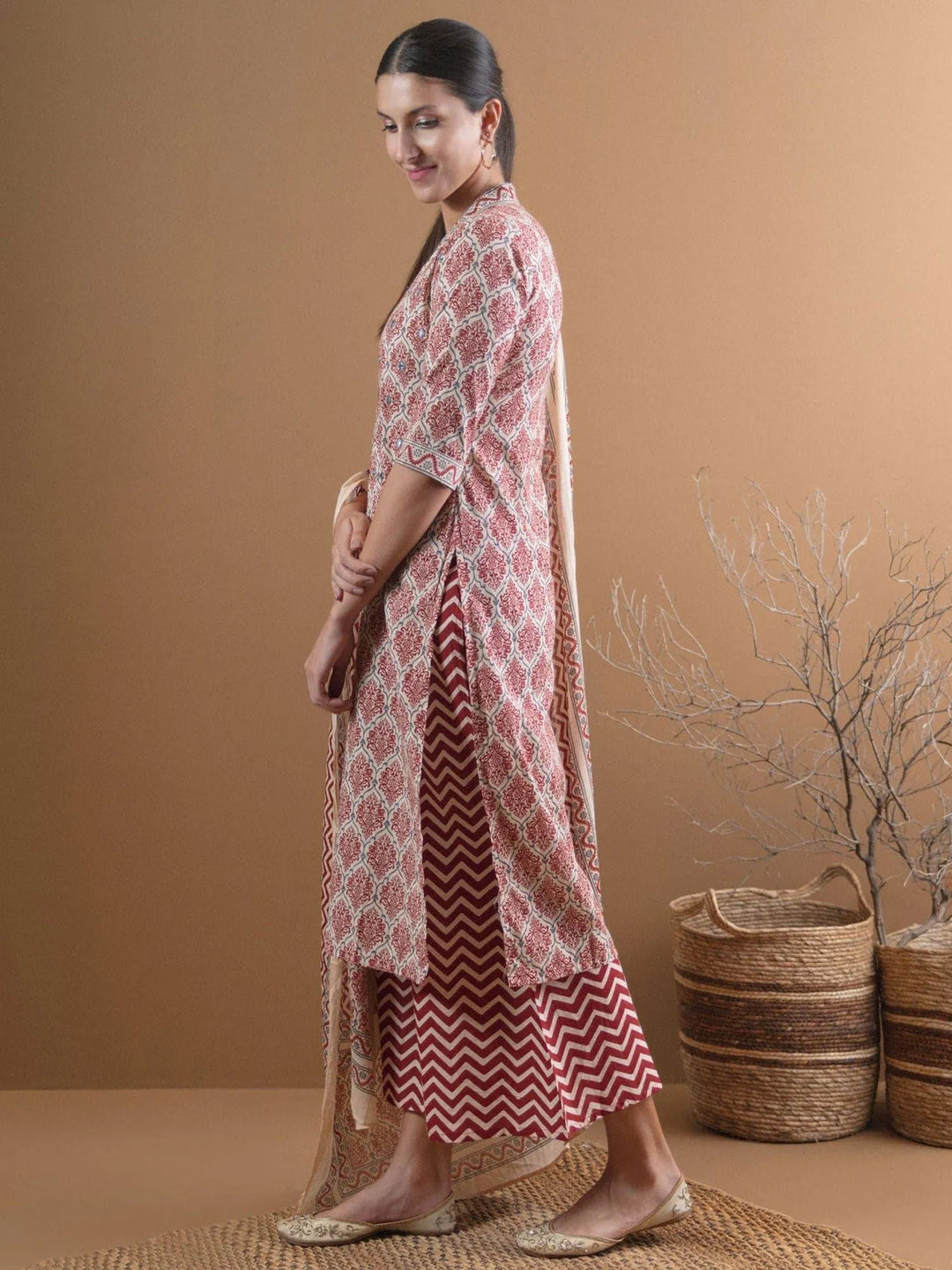 Beige Printed Cotton Straight Kurta With Palazzos & Dupatta - Libas 