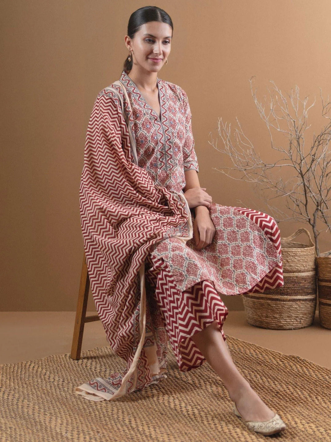 Beige Printed Cotton Straight Kurta With Palazzos & Dupatta - Libas