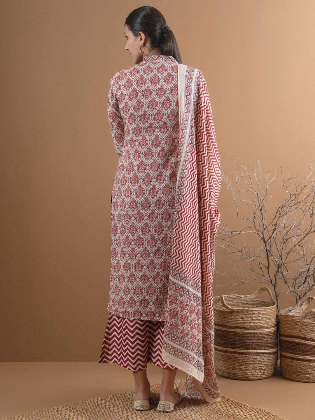 Beige Printed Cotton Straight Kurta With Palazzos & Dupatta - Libas 