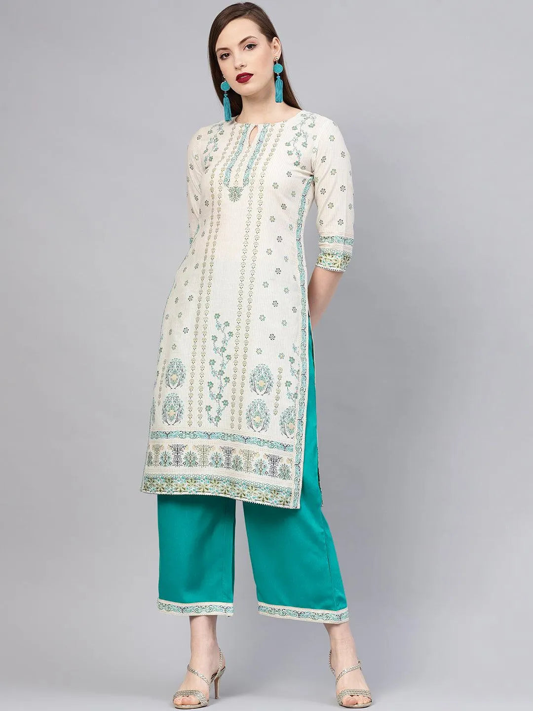 Beige Printed Cotton Kurta Set - Libas