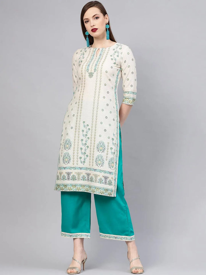 Beige Printed Cotton Kurta Set - Libas