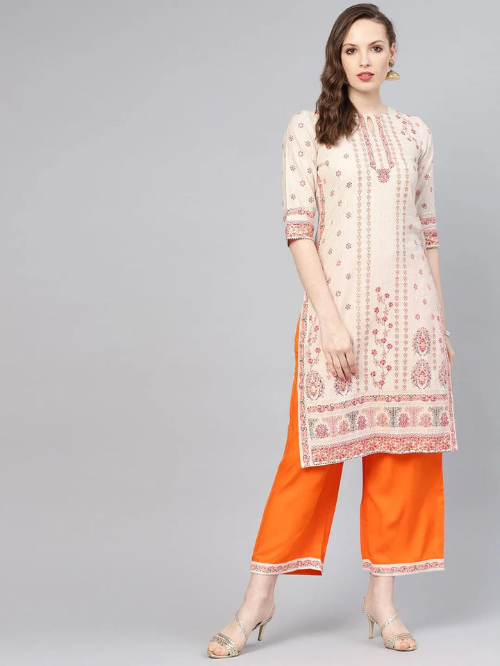 Beige Printed Cotton Kurta Set - Libas