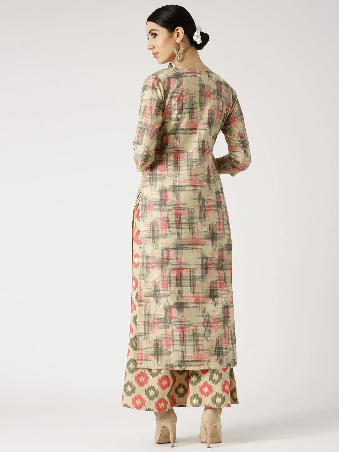 Beige Printed Cotton Kurta Set - Libas 