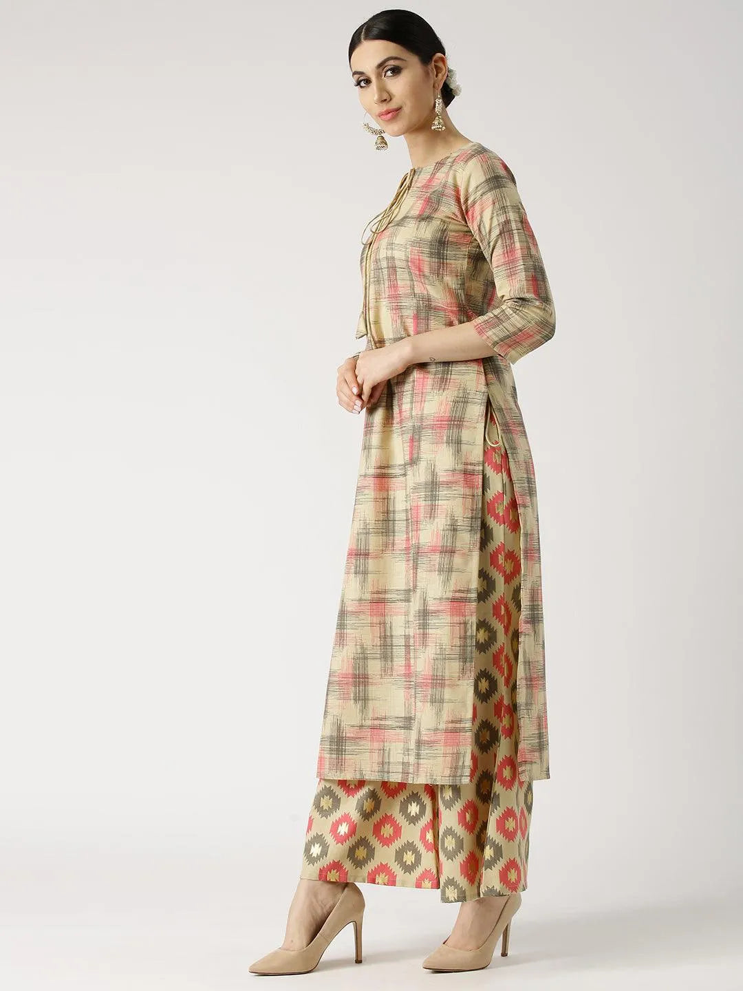 Beige Printed Cotton Kurta Set - Libas 