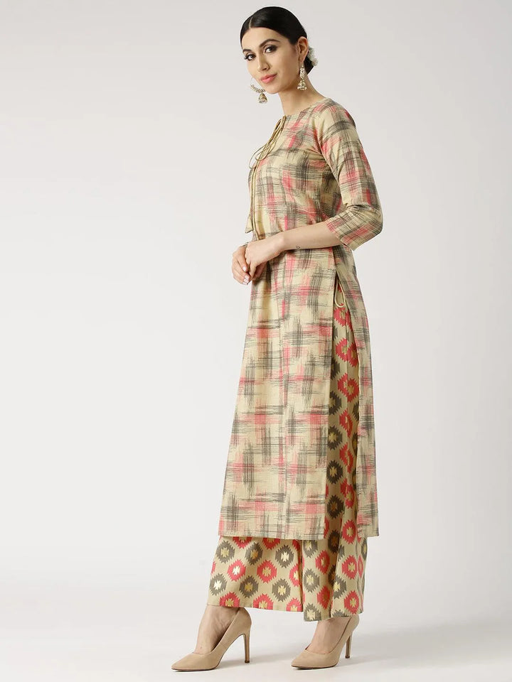 Beige Printed Cotton Kurta Set - Libas