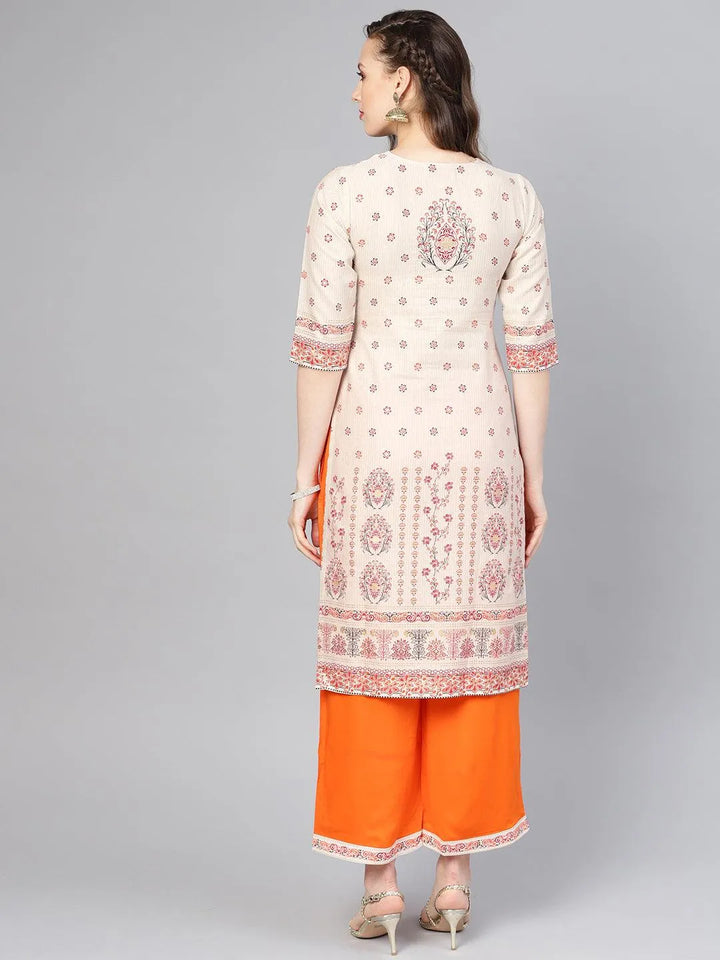 Beige Printed Cotton Kurta Set - Libas