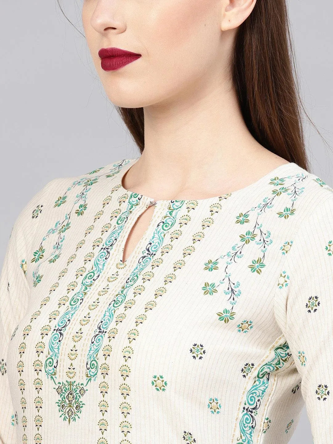 Beige Printed Cotton Kurta Set - Libas