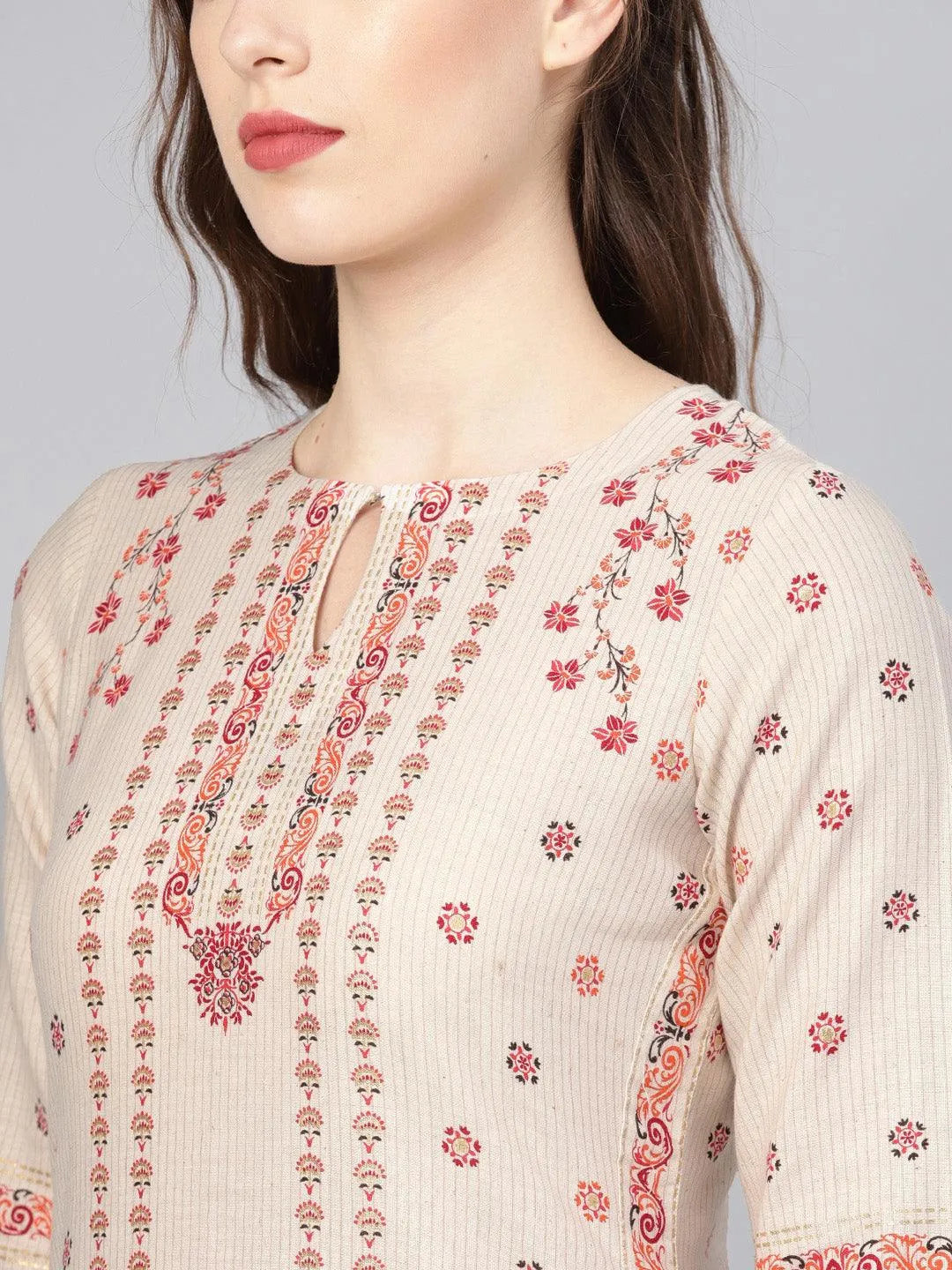 Beige Printed Cotton Kurta Set - Libas