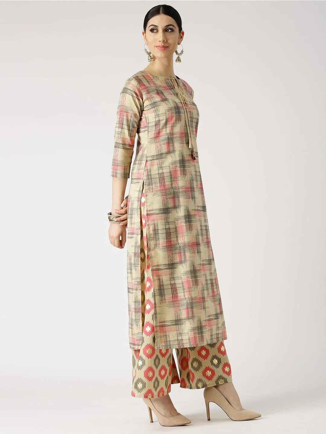 Beige Printed Cotton Kurta Set - Libas 