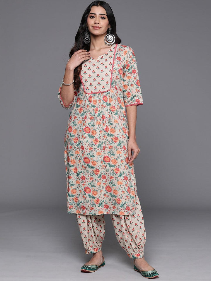 Beige Printed Cotton Straight Kurta With Salwar - Libas