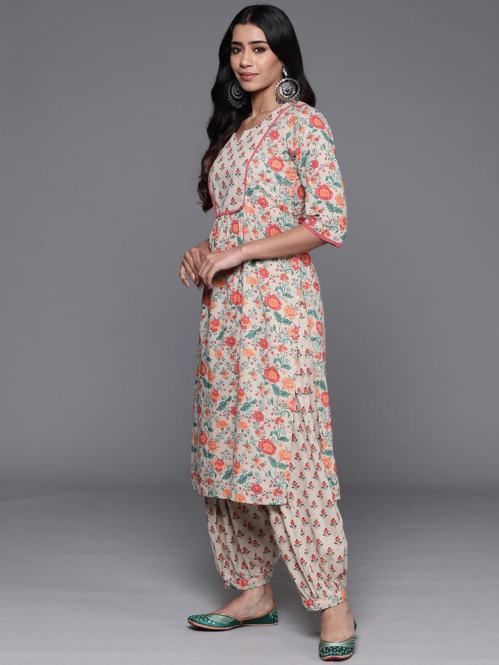 Beige Printed Cotton Straight Kurta With Salwar - Libas